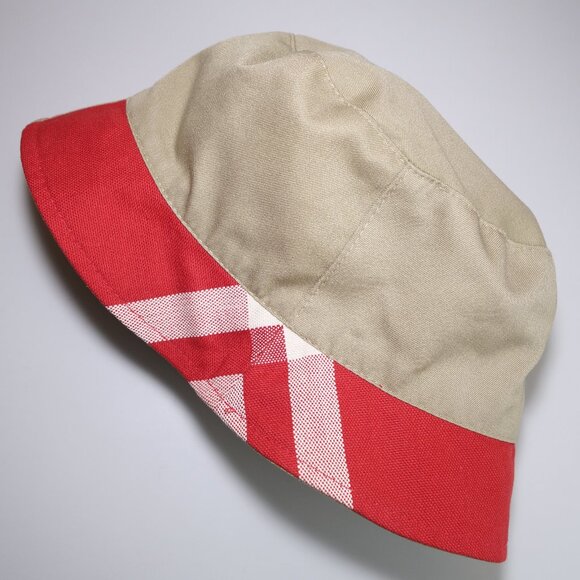 Burberry London Beige & Red Plaid Nova Check-Trimmed Bucket Hat, Size Small - Picture 1 of 8